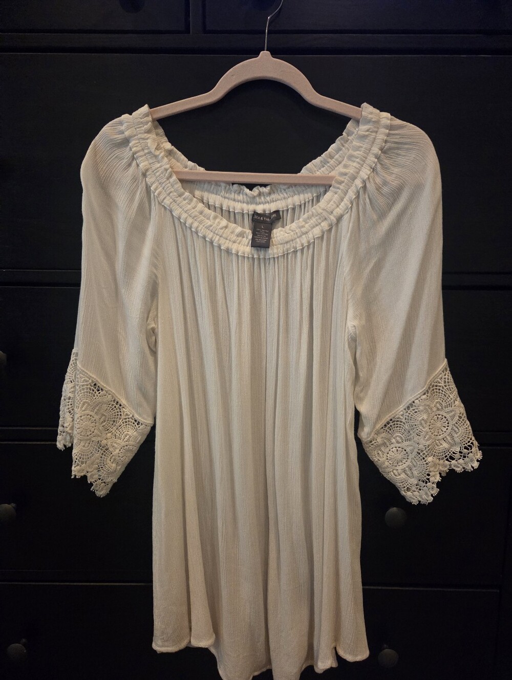 Chelsea & Theodore White On or Off-Shoulder Tunic with Crochet Sleeves